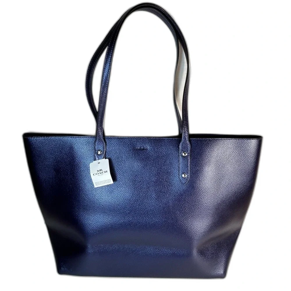 Coach NWT #679983 Navy Blue Iridescent Pebble Leather Large Town Tote